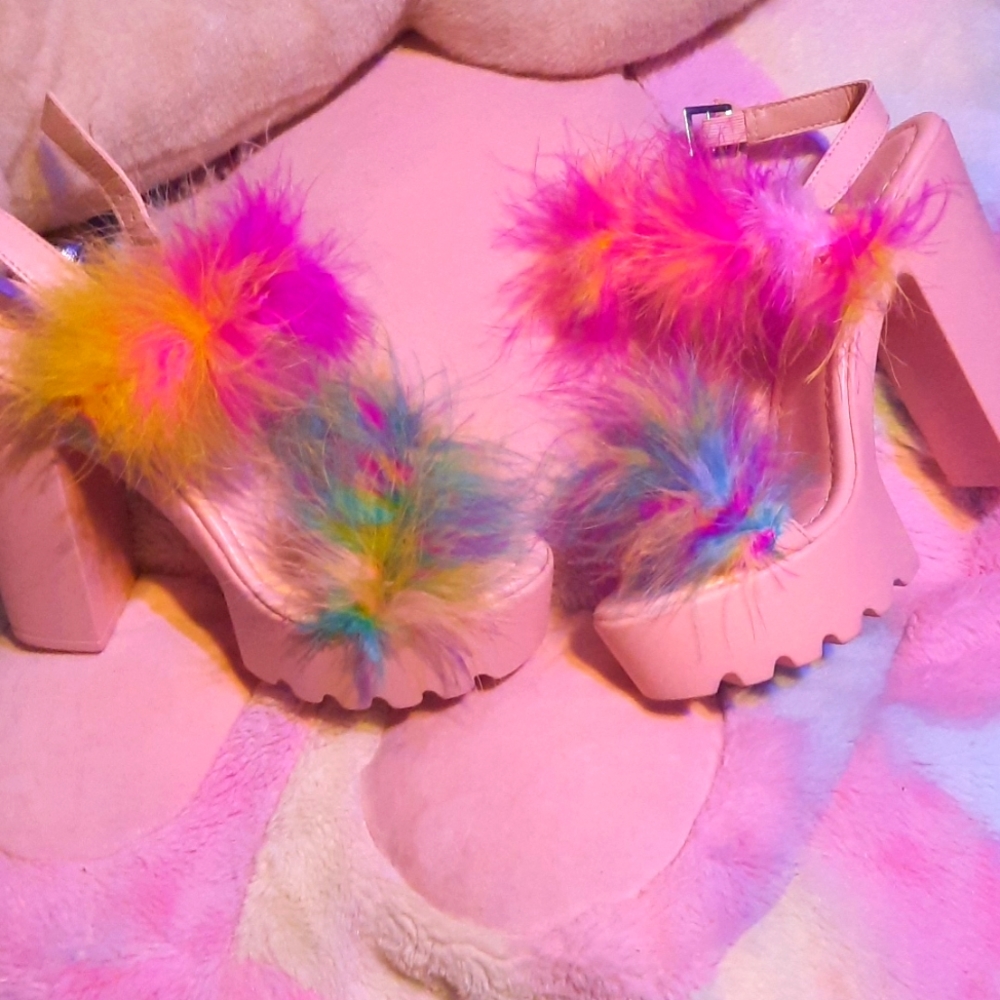 Pink Fluffy Feather Marabou Chunky Rainbow Kawaii Heels size 8